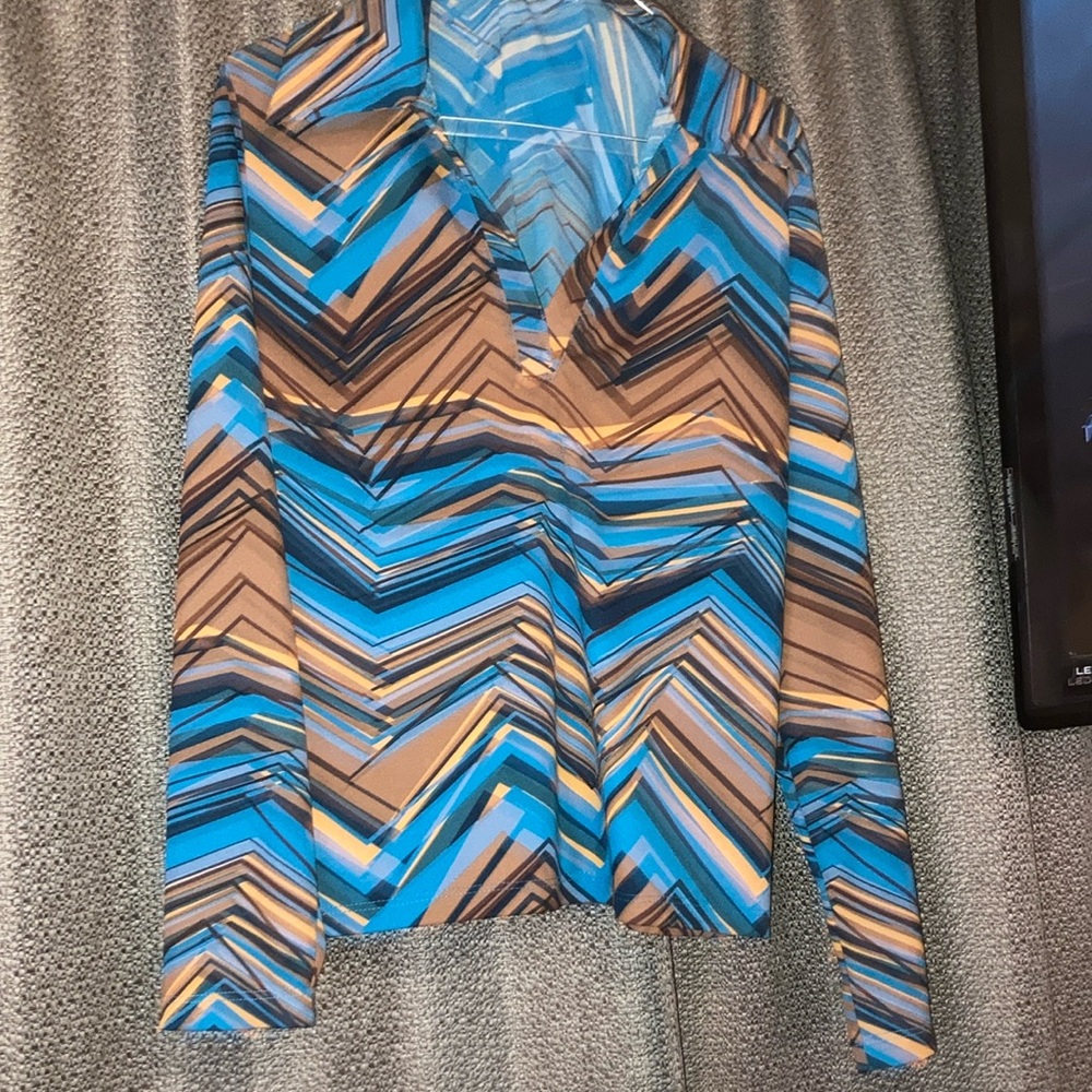 Central Park West Blue and Brown Graphic Fitted Blouse